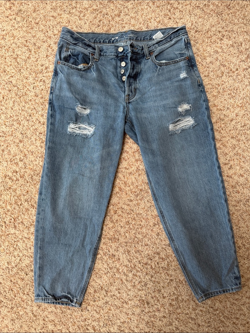 Women's Distressed High-Rise Button-Fly Slouchy Tapered Jeans - Blue